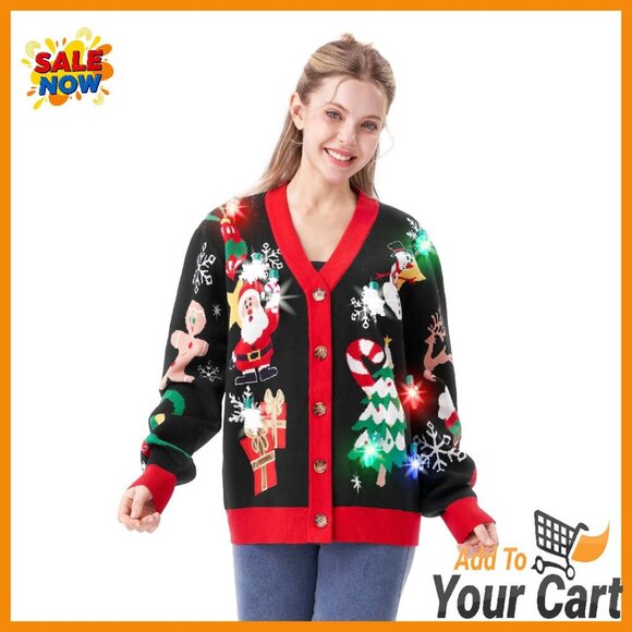 Light Up Ugly Christmas Sweater Cardigan Women's Polyester V-Neck